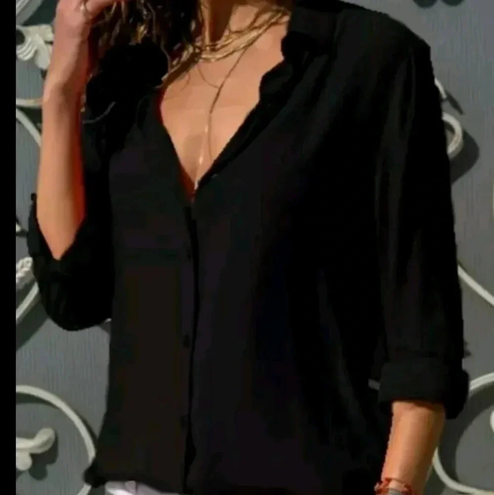 Brand New Chiffon Long Sleeve Button Down Shirt Blouse Wmn's V-neck Tops Black M - Picture 2 of 8